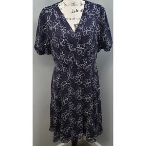DKNY Wrap Dress Womens Size 12 Navy White Embroidered Floral Lined Surplice Neck